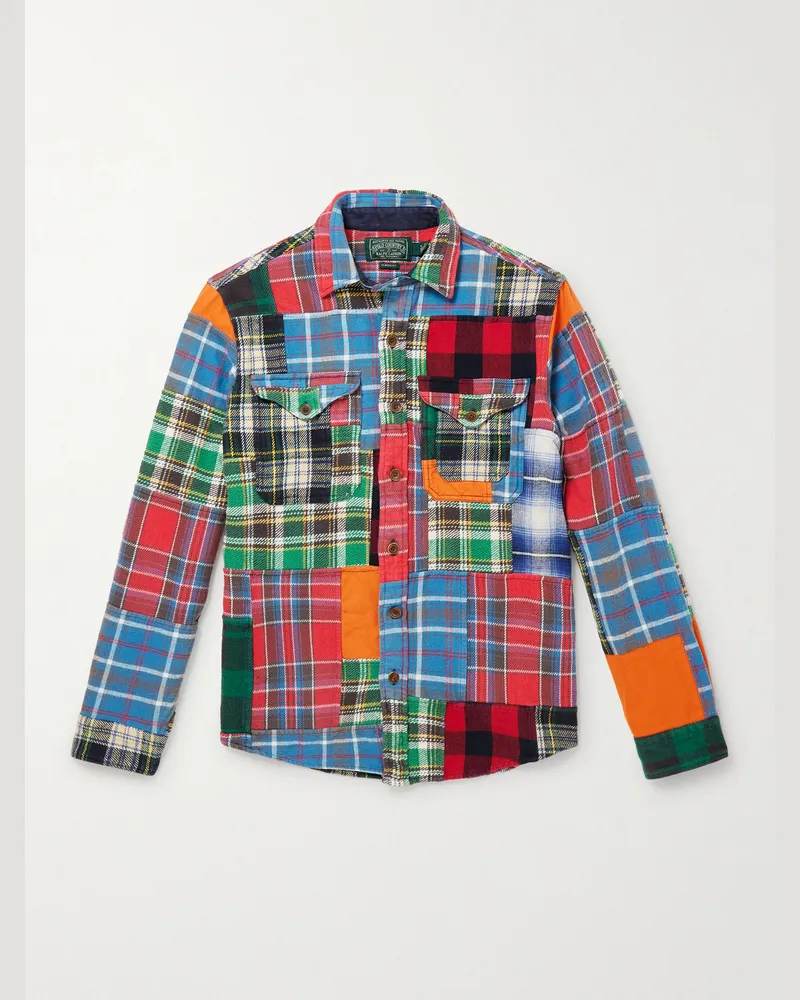 Ralph Lauren Polo Country kariertes Hemd aus Baumwollflanell in Patchwork-Optik Blau