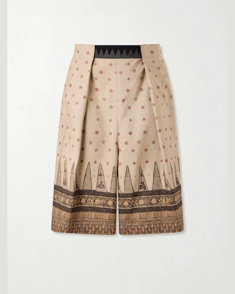 KAPITAL Wide-Leg Printed Cotton Shorts Neutrals
