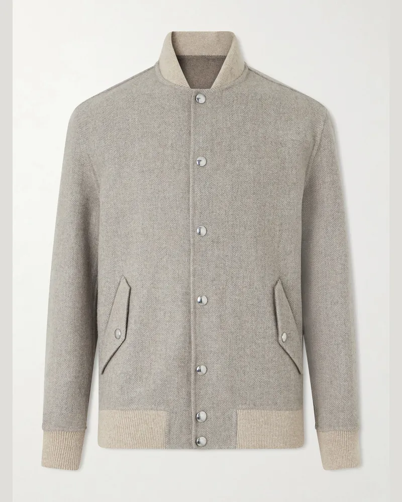 Eleventy Wool and Cashmere-Blend Herringbone Bomber Jacket Neutrals