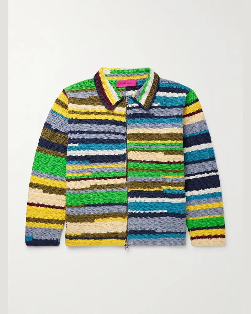 The Elder Statesman Striped Crocheted Organic Cotton Jacket Green