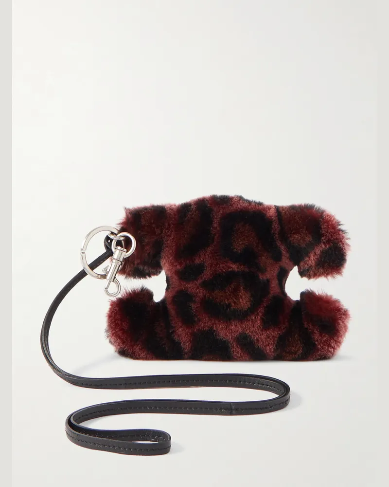 Celine Triomphe Leopard-Print Shearling and Leather Keyring Burgundy
