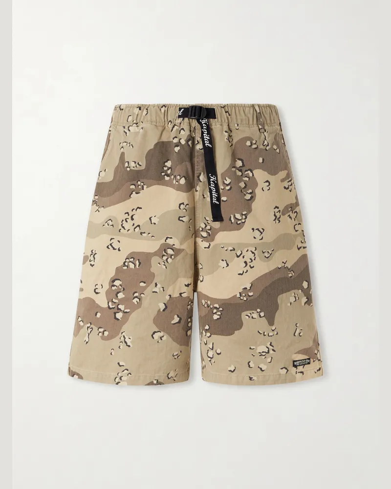 KAPITAL Easy Straight-Leg Herringbone Camouflage-Print Cotton Shorts Neutrals