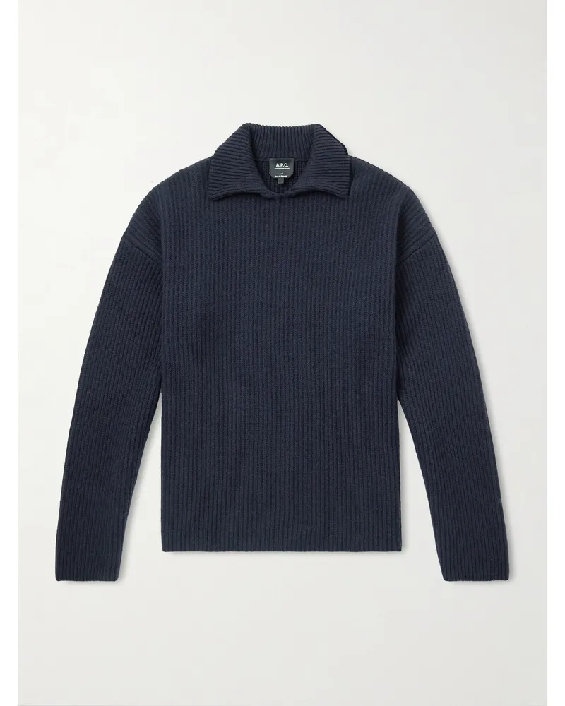 A.P.C. Oversized-Pullover aus einer Woll-Kaschmirmischung in Rippstrick mit Polokragen Blau