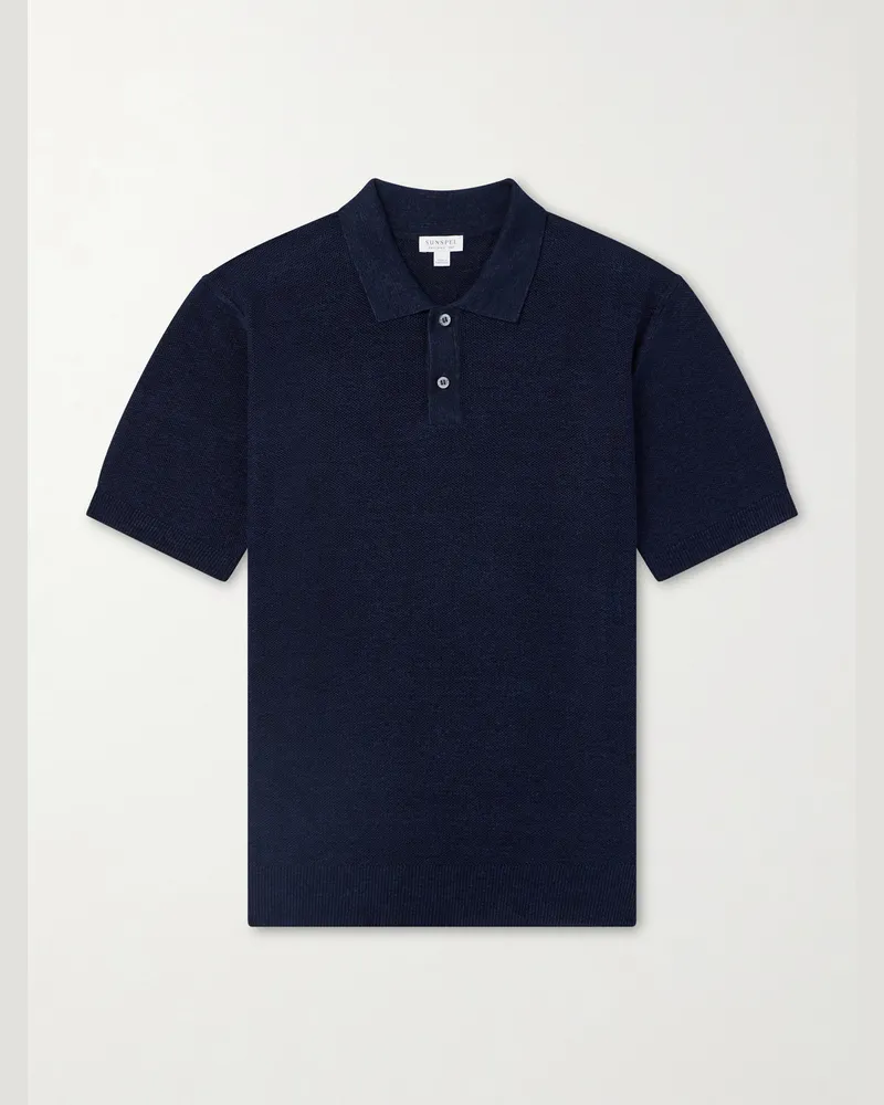 Sunspel Honeycomb-Knit Linen and Silk-Blend Polo Shirt Blue