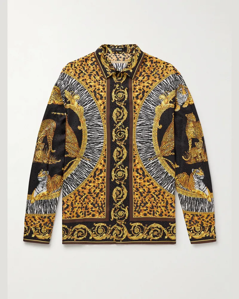 Versace Wild Cats Hemd aus Seiden-Twill mit Kristallen und Print Gold