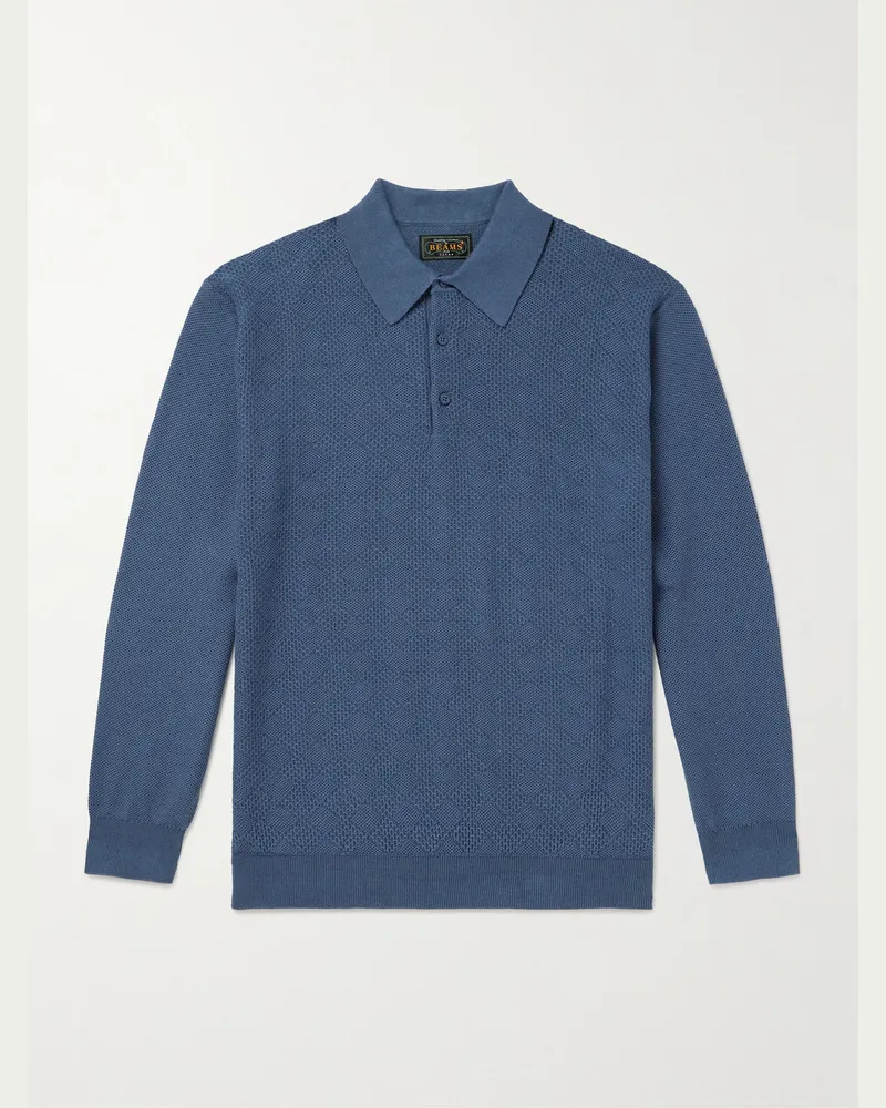 Beams Plus Pullover aus einer Ramie-Baumwollmischung mit Polokragen Blau