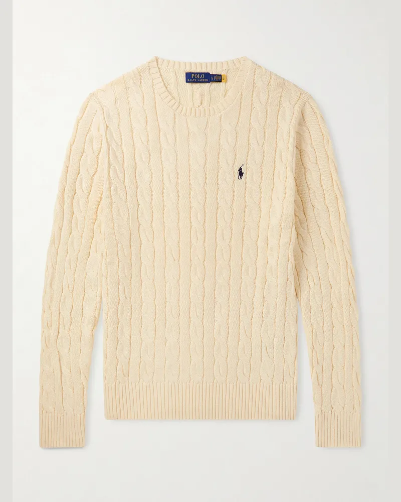 Ralph Lauren Logo-Embroidered Cable-Knit Cotton Sweater Neutrals