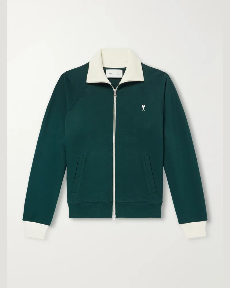 AMI Paris Logo-Embroidered Cotton-Jersey Zip-Up Sweatshirt Green