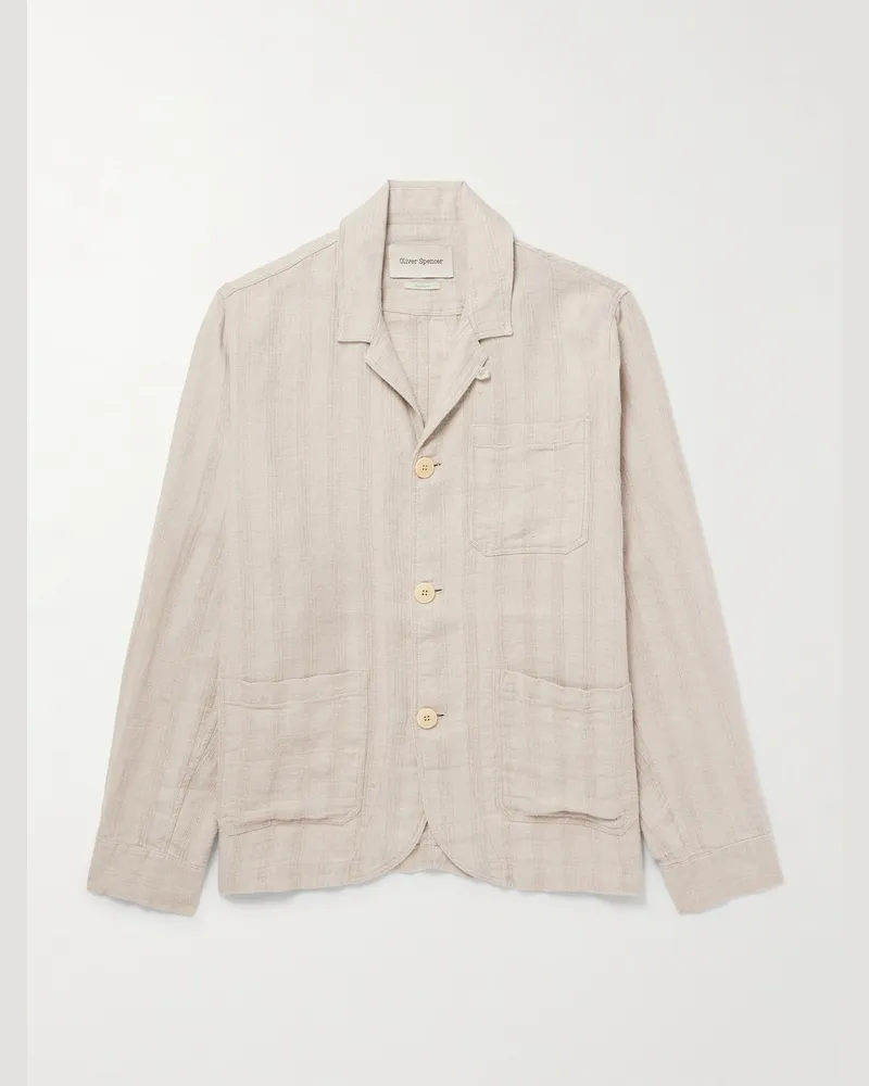 Oliver Spencer Bradwell Convertible-Collar Striped Linen Jacket Neutrals