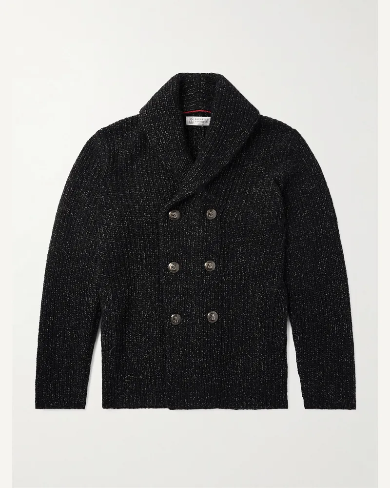 Brunello Cucinelli Doppelreihiger Cardigan aus einer Mischung aus Schurwolle, Seide und Kaschmir in Rippstrick mit Schalkragen Schwarz