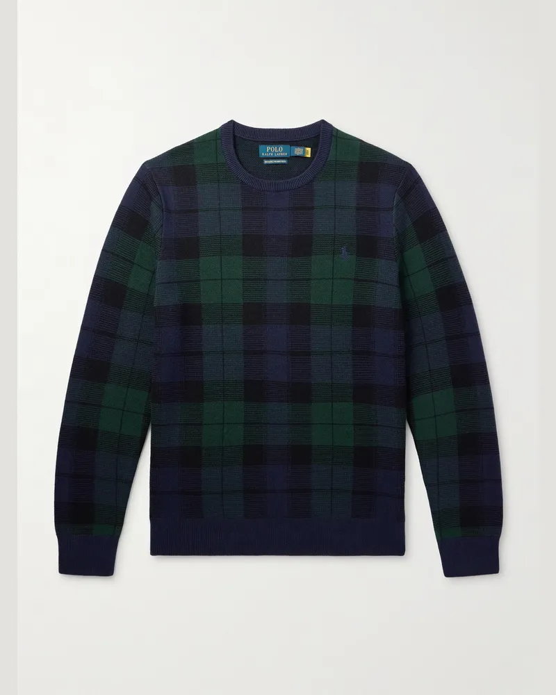 Ralph Lauren Karierter Pullover aus Wolle mit Logostickerei Blau