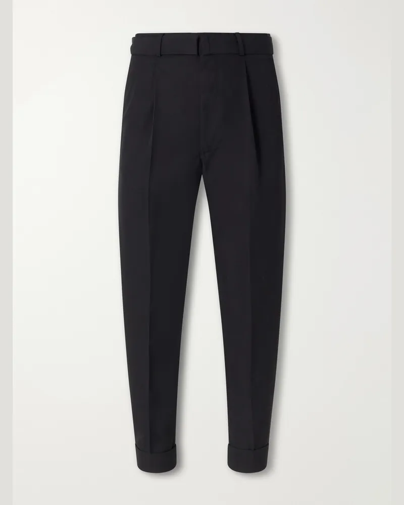 Officine Generale Hugo Tapered Pleated Belted Virgin Wool-Hopsack Trousers Black