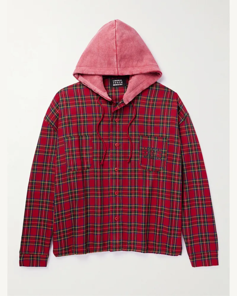 Liberal Youth Ministry Kapuzenjacke aus kariertem Twill mit Logoprint und Jersey-Besatz Rot
