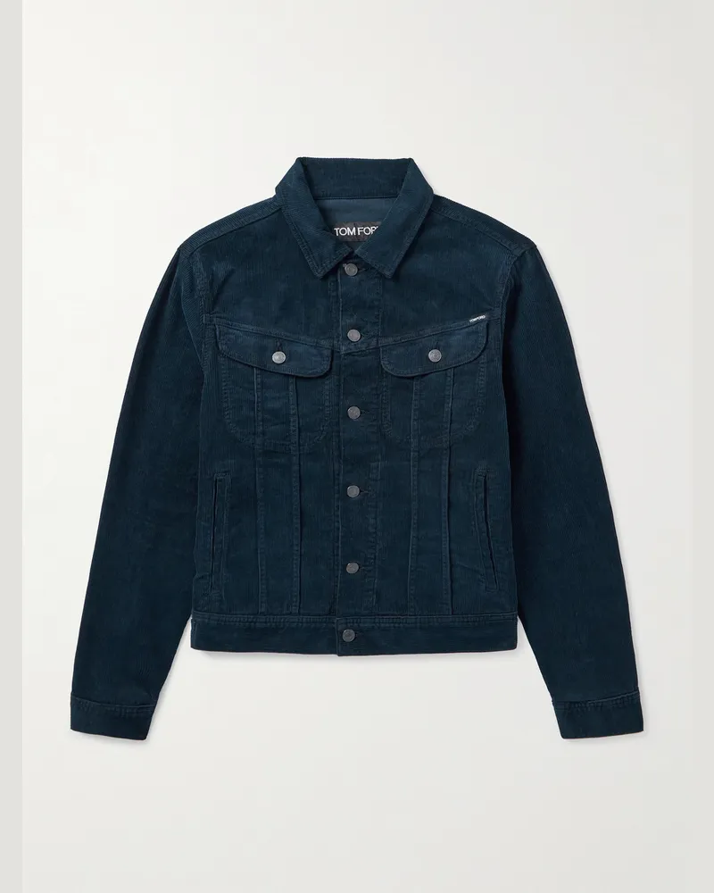 Tom Ford Schmal geschnittene Jacke aus Cord aus einer Baumwollmischung Blau