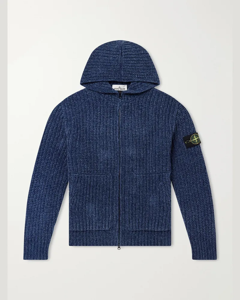 Stone Island Knitted Cotton-Chenille Zip-Up Hoodie Blue