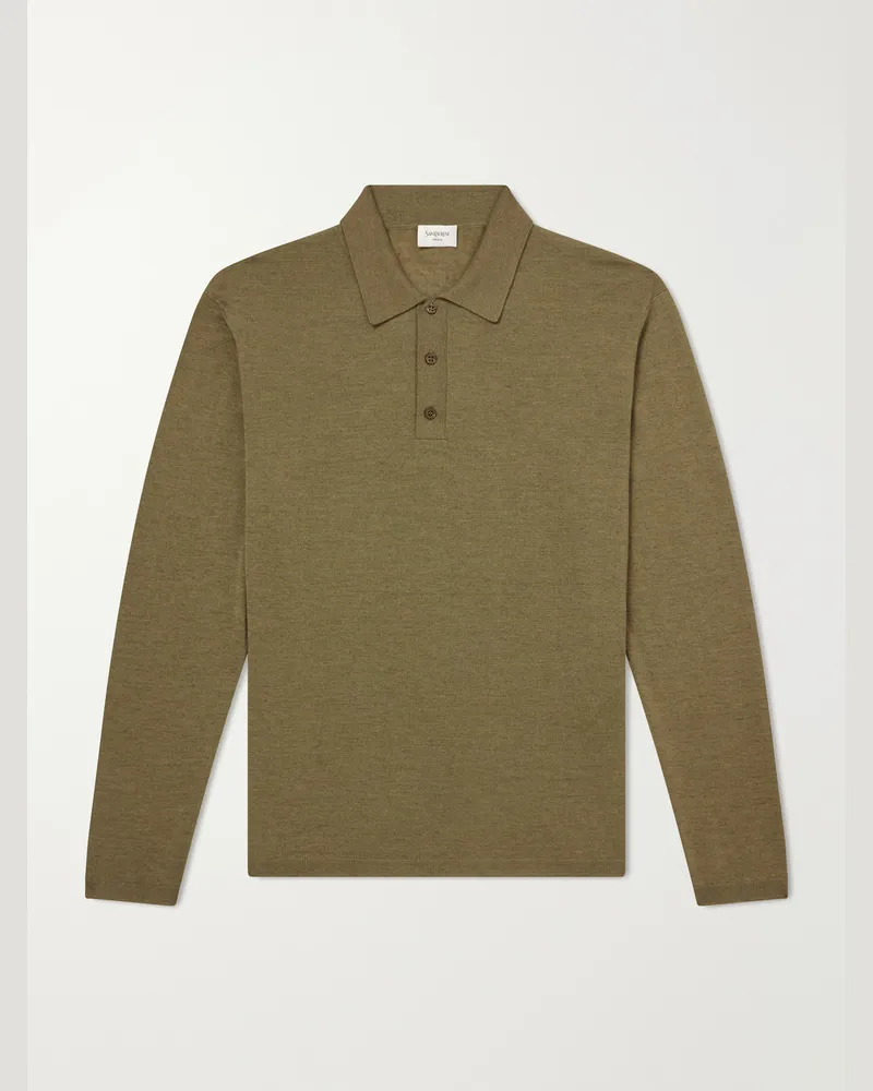 Saint Laurent Cashmere, Silk and Linen-Blend Polo Shirt Green