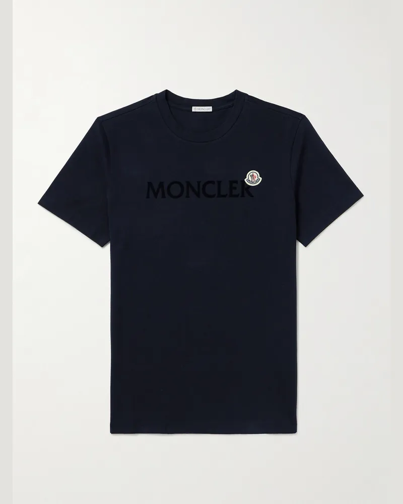 Moncler Schmal geschnittenes T-Shirt aus Baumwoll-Jersey mit Logoflockdruck Blau
