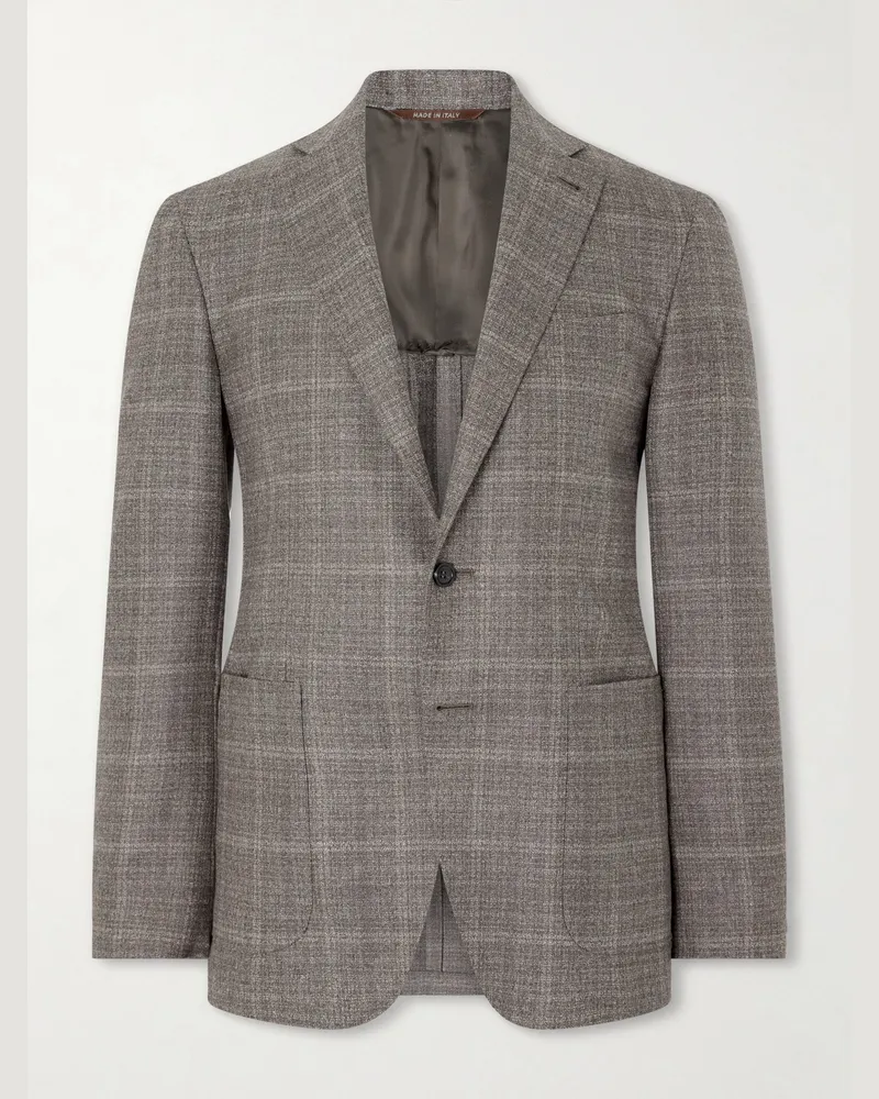Canali Kei Prince of Wales Checked Linen Suit Jacket Brown