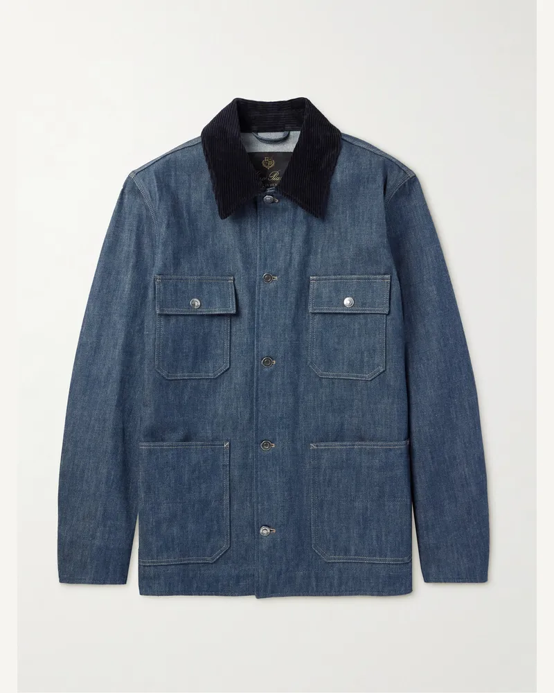 Loro Piana Conley Jeansjacke aus „Austin“-Denim mit Cordbesatz Blau