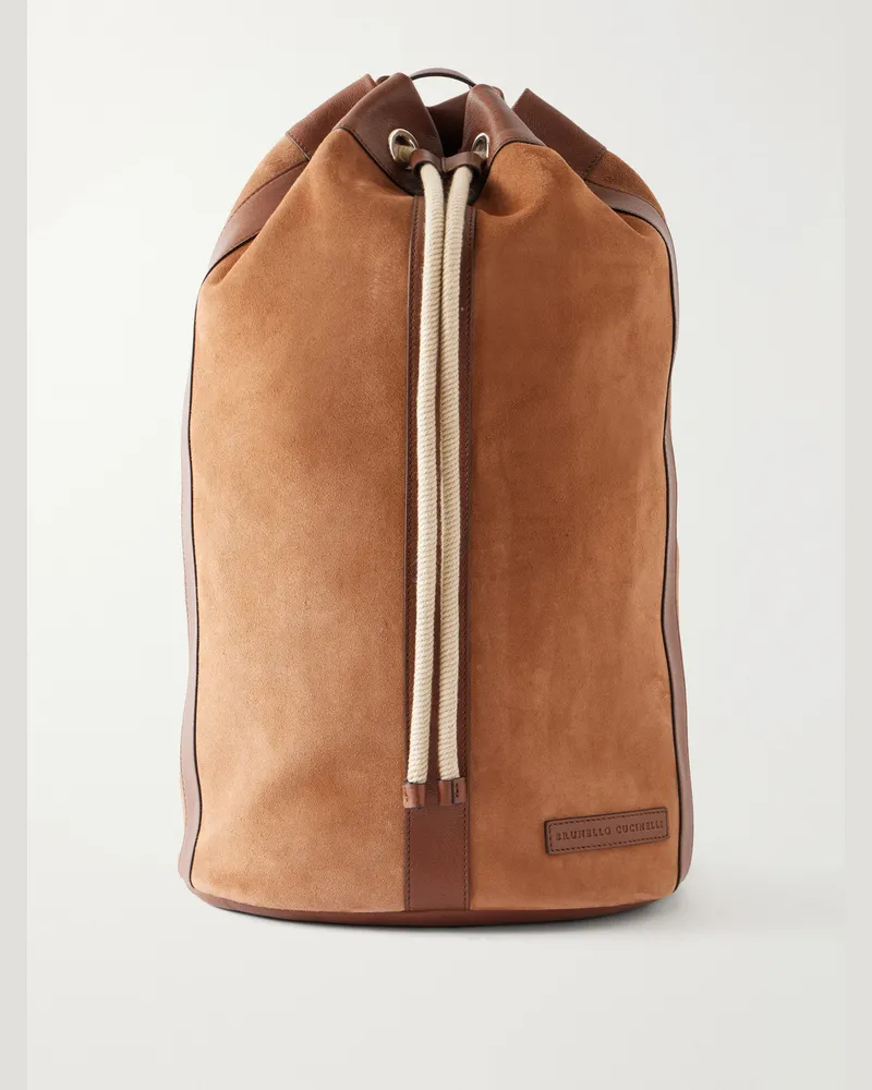 Brunello Cucinelli Leather-Trimmed Suede Backpack Brown