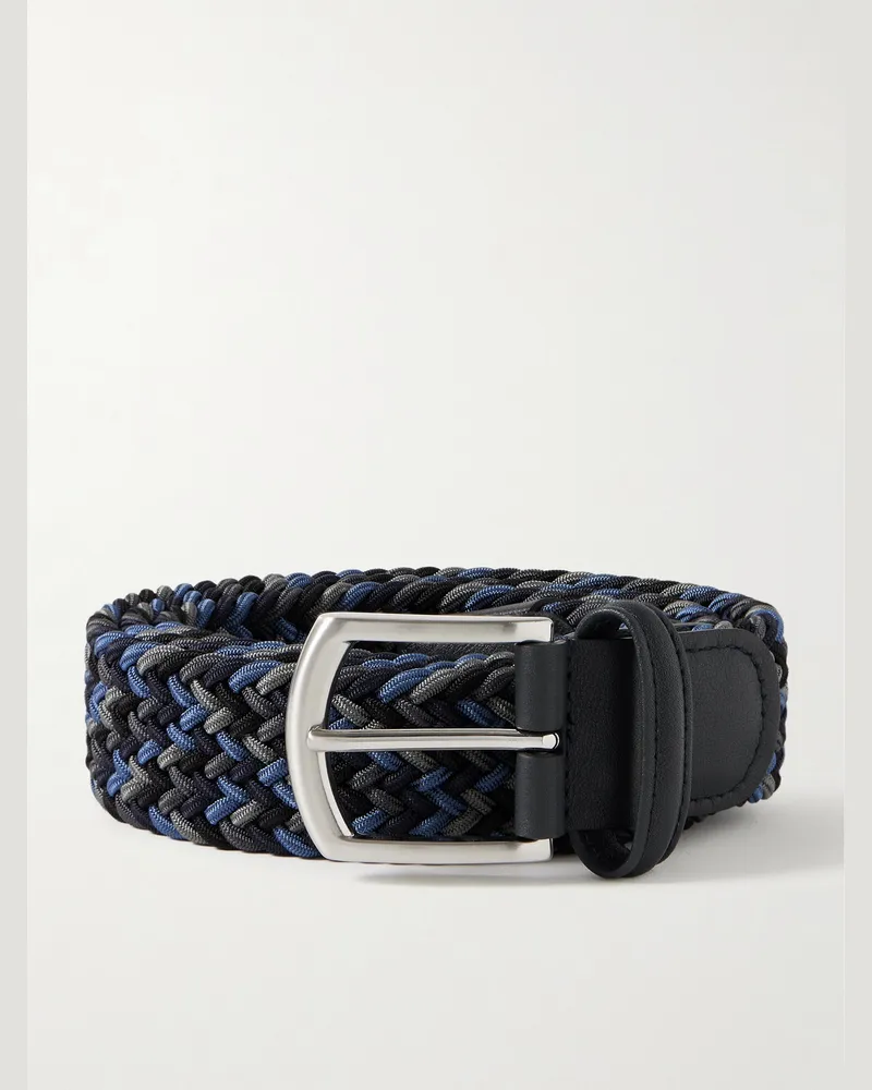 Anderson's 3.5cm Leather-Trimmed Woven Elastic Belt Blue