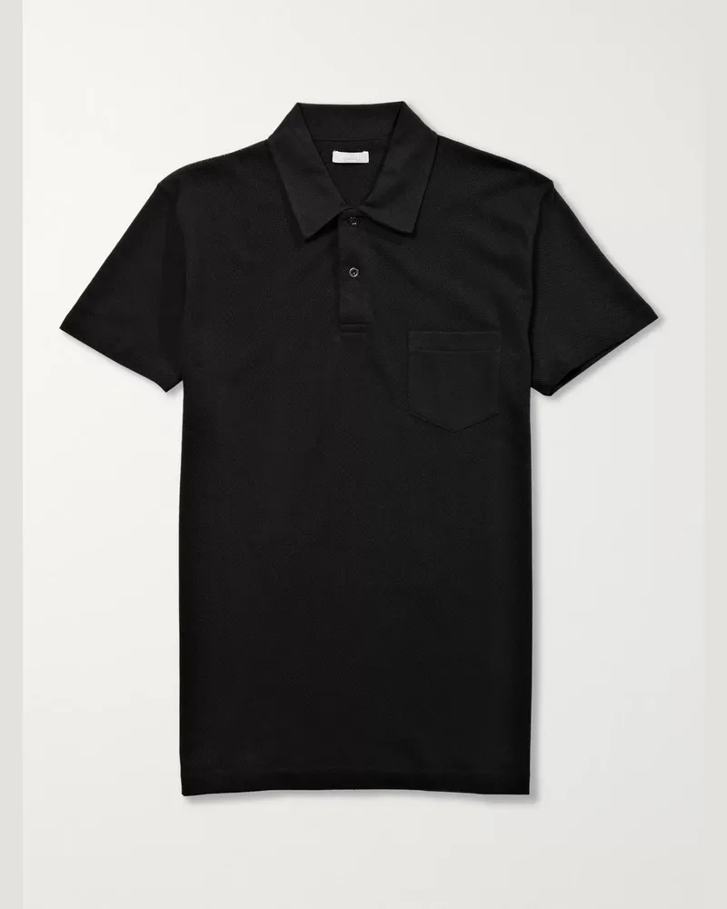 Sunspel Riviera Slim-Fit Cotton-Mesh Polo Shirt Black