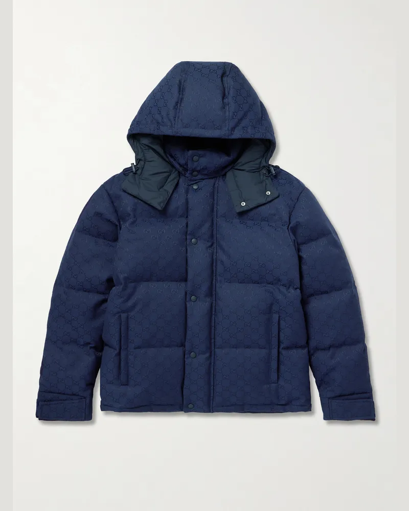 Gucci Quilted Logo-Jacquard Cotton-Blend Canvas Hooded Down Jacket Blue