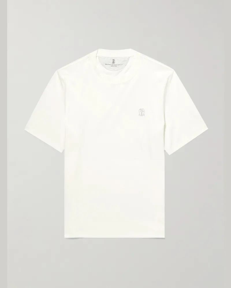 Brunello Cucinelli Mehrlagiges T-Shirt aus Baumwoll-Jersey mit Logoprint Weiß