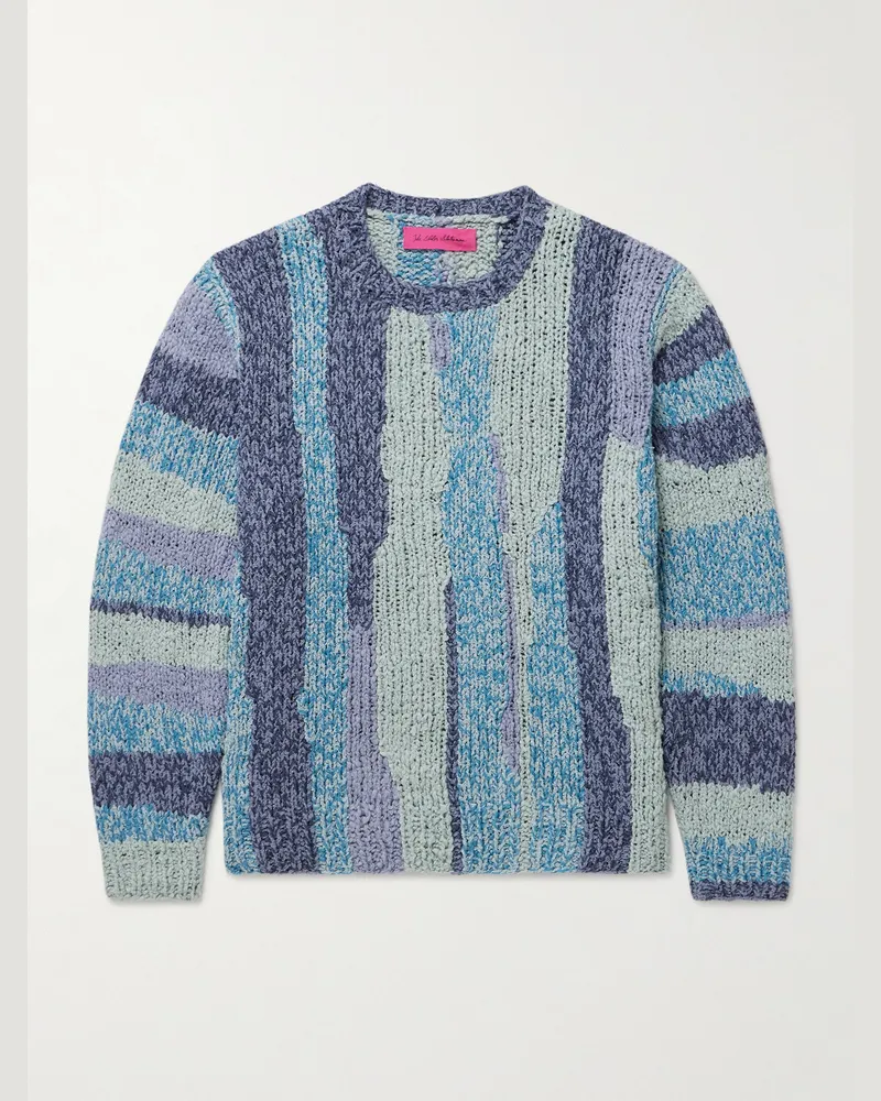 The Elder Statesman Striped Crocheted Organic Cotton Sweater Blue