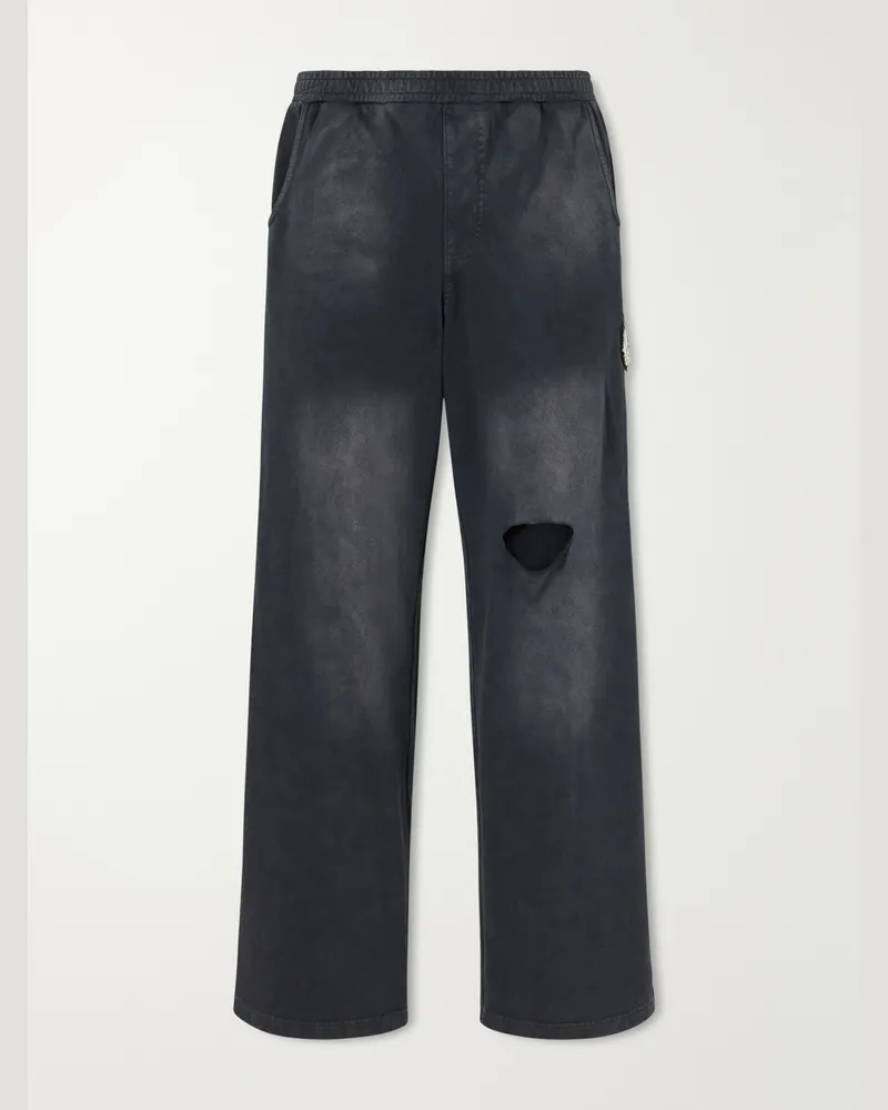 FourTwoFour on Fairfax Wide-Leg Striped Distressed Cotton-Jersey Sweatpants Black