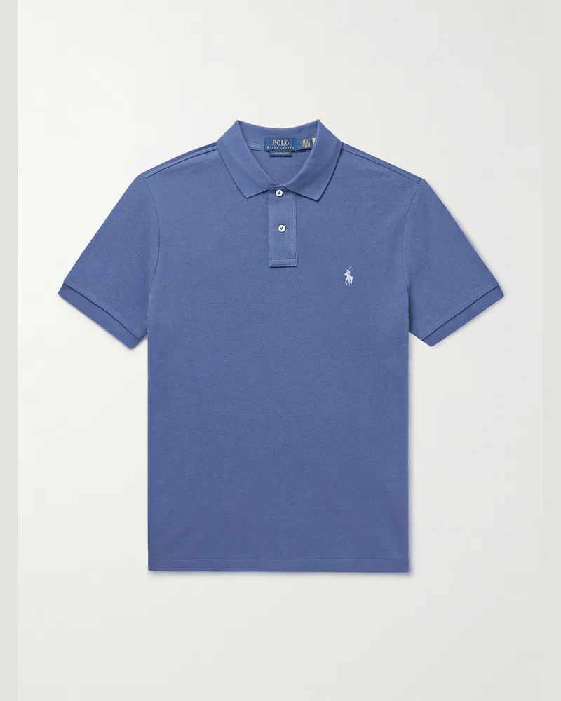 Ralph Lauren Schmal geschnittenes Polohemd aus Baumwoll-Piqué mit Logostickerei Blau