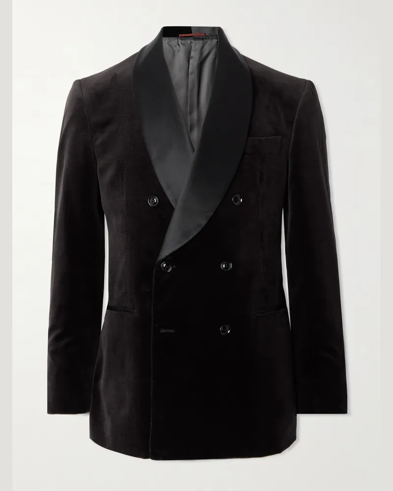 Brunello Cucinelli Doppelreihige Smokingjacke aus geprägtem Baumwollsamt und Satin Braun