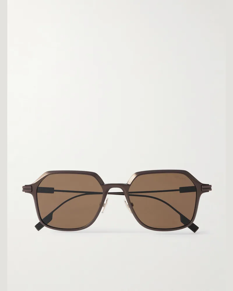 Ermenegildo Zegna Polarisierte Sonnenbrille mit D-Rahmen aus gebürstetem Aluminium Braun
