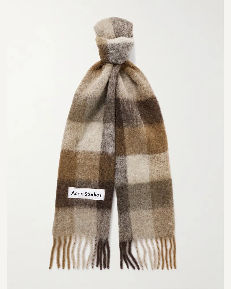 Acne Studios Vally Strickschal mit Karomuster und Fransen Braun