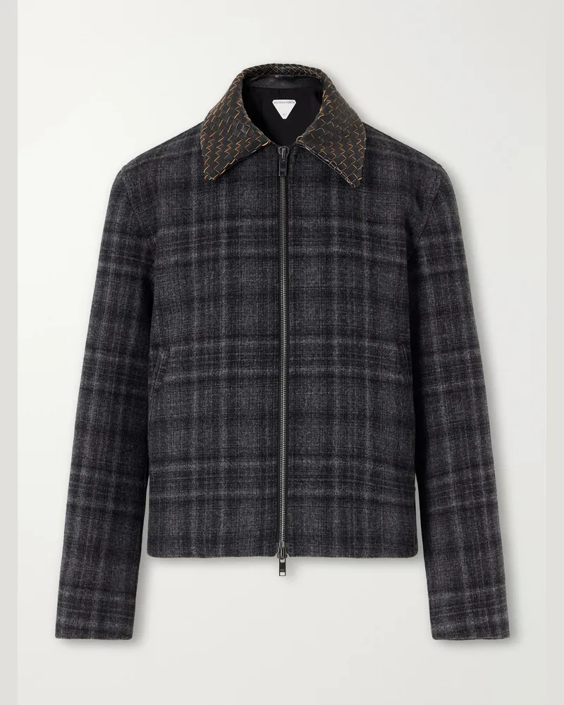Bottega Veneta Intrecciato Leather-Trimmed Checked Brushed Wool-Blend Blouson Jacket Black