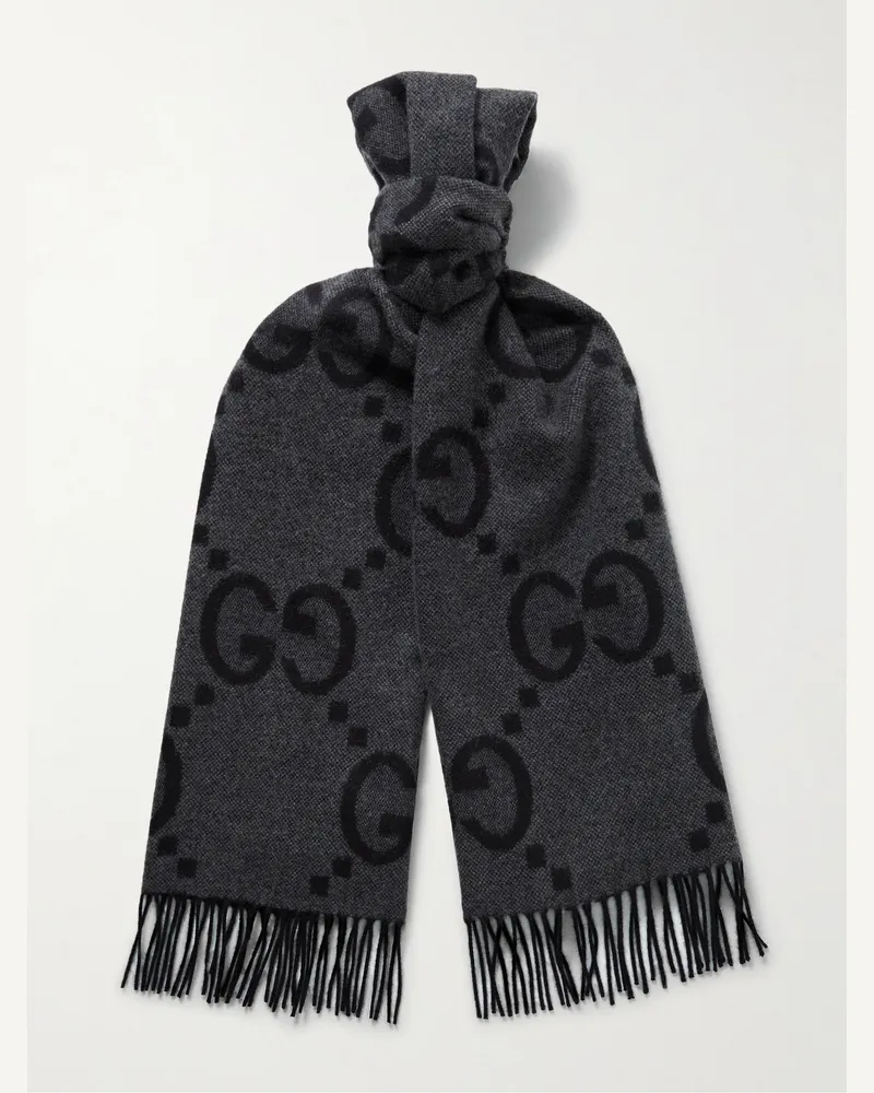 Gucci Schal aus Kaschmir-Jacquard mit Logomuster und Fransen Grau