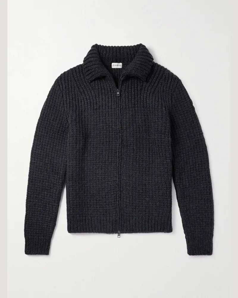 Moncler Cardigan aus einer Alpakawollmischung in Rippstrick mit Logoapplikation und Reißverschluss Schwarz