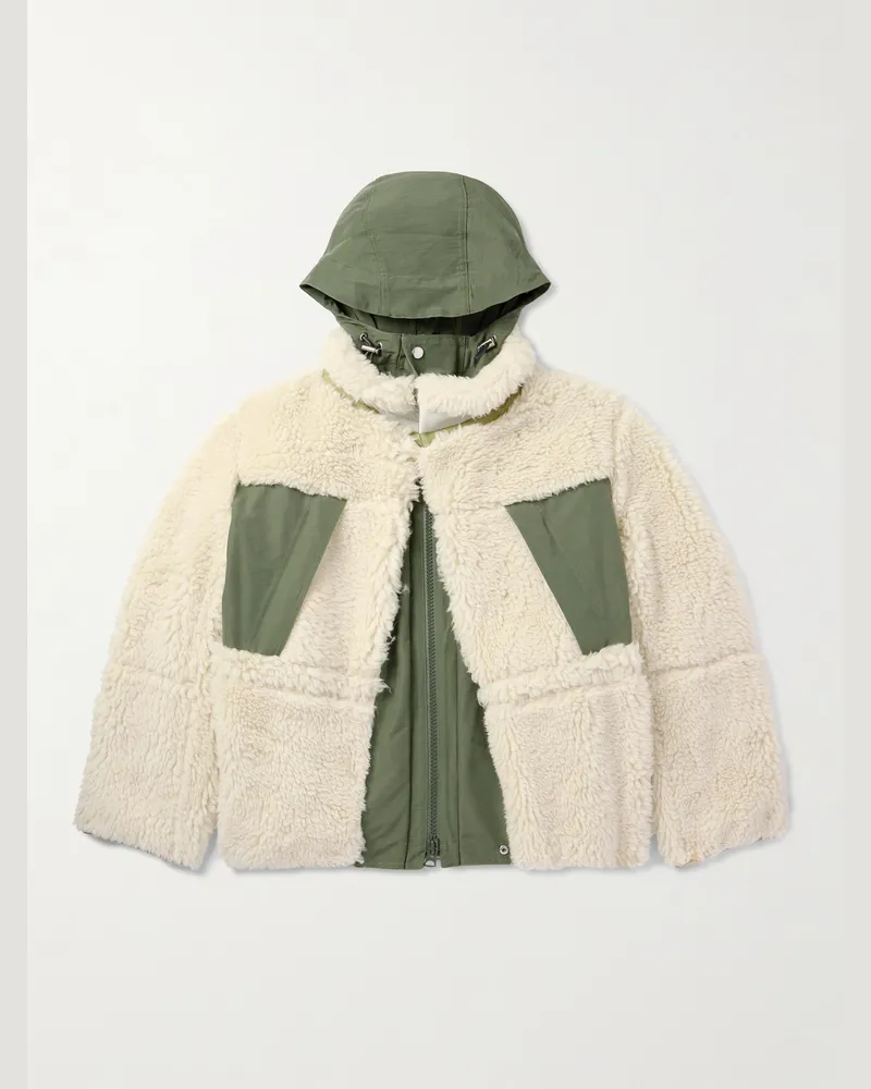 Sacai Shell-Trimmed Wool-Blend Fleece Hooded Coat Neutrals