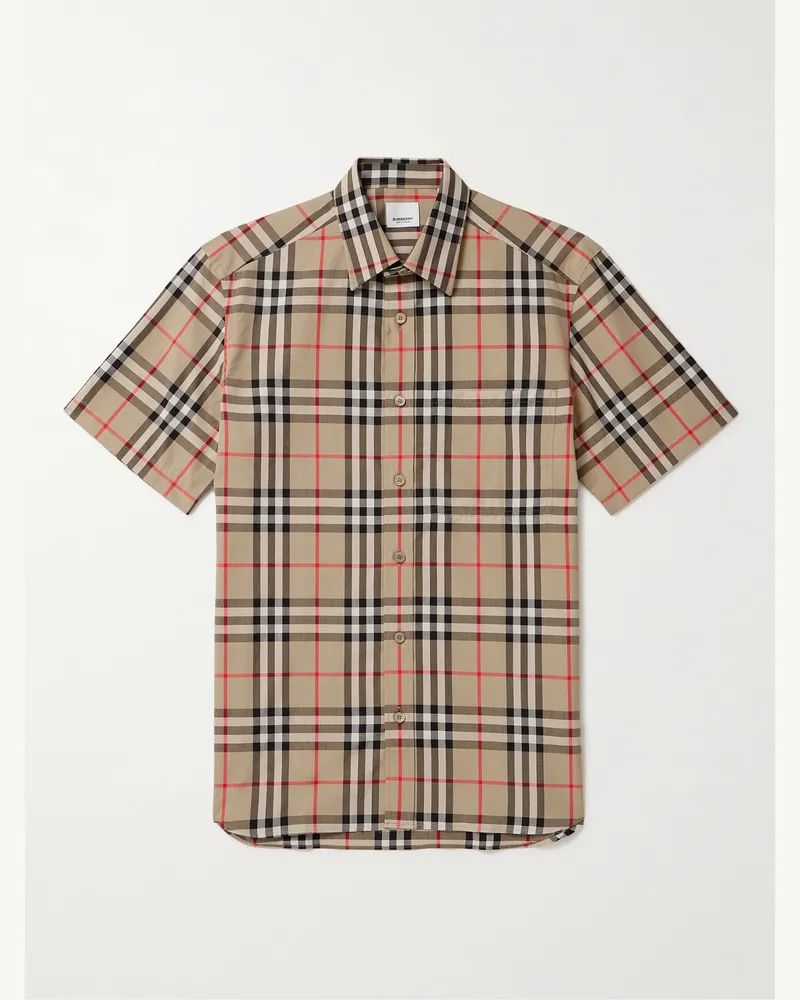 Burberry Checked Cotton-Poplin Shirt Neutrals
