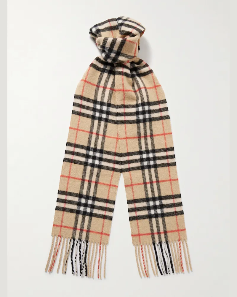 Burberry Fringed Checked Cashmere Scarf Neutrals