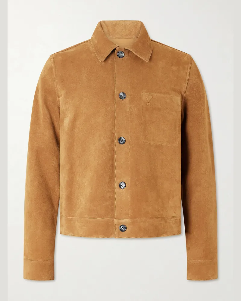 AMI Paris Logo-Embossed Suede Jacket Brown