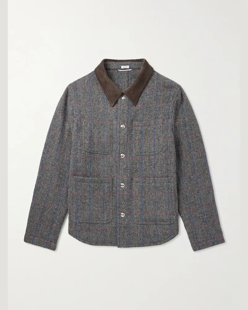Thom Browne Karierte Jacke aus Wolle mit Velourslederbesatz und Fischgratmuster Grau