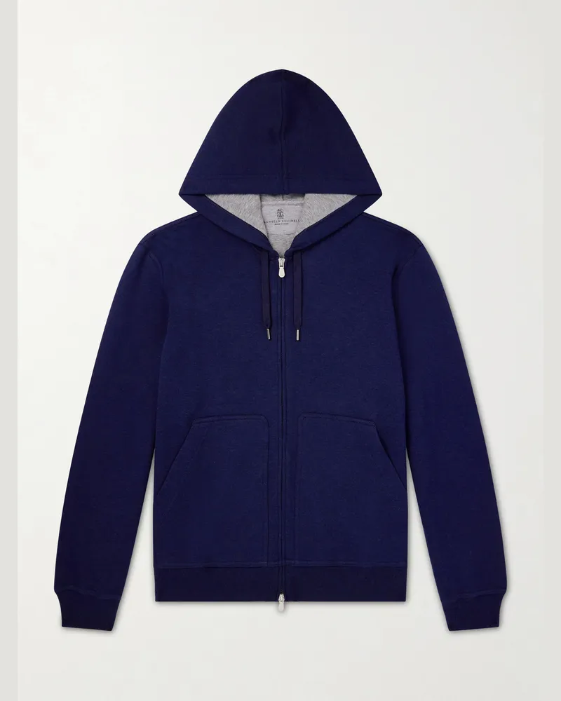 Brunello Cucinelli Cotton-Blend Zip-Up Hoodie Blue