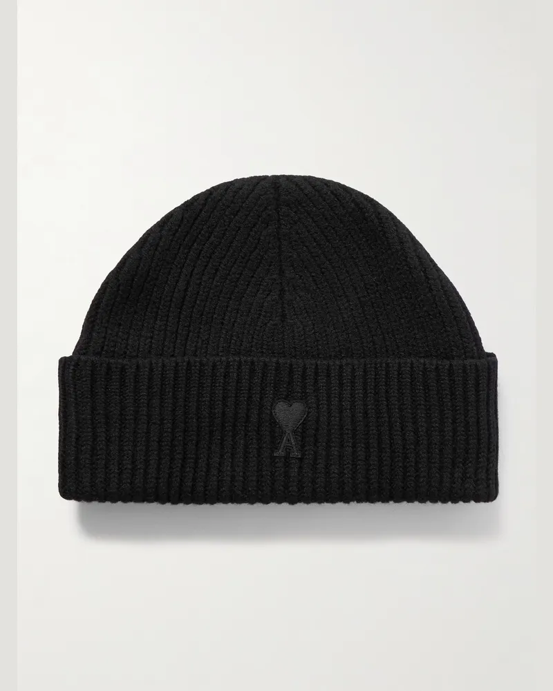AMI Paris Beanie aus Schurwolle mit Logoapplikation in Rippstrick Schwarz