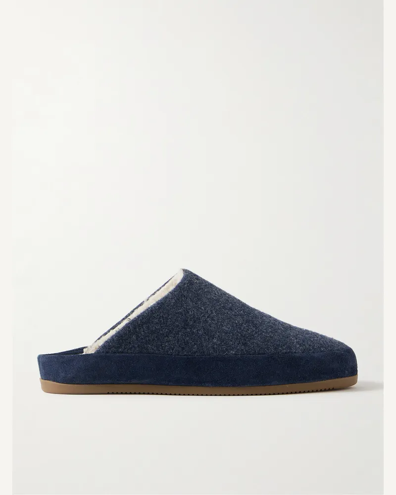 MULO Slippers aus Wolle mit Besatz aus Veloursleder und Futter aus Shearling Blau