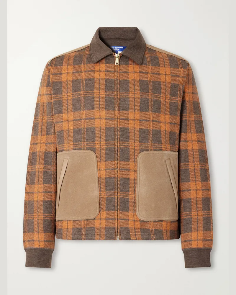 Junya Watanabe Checked Suede-Trimmed Wool-Flannel Blouson Jacket Brown