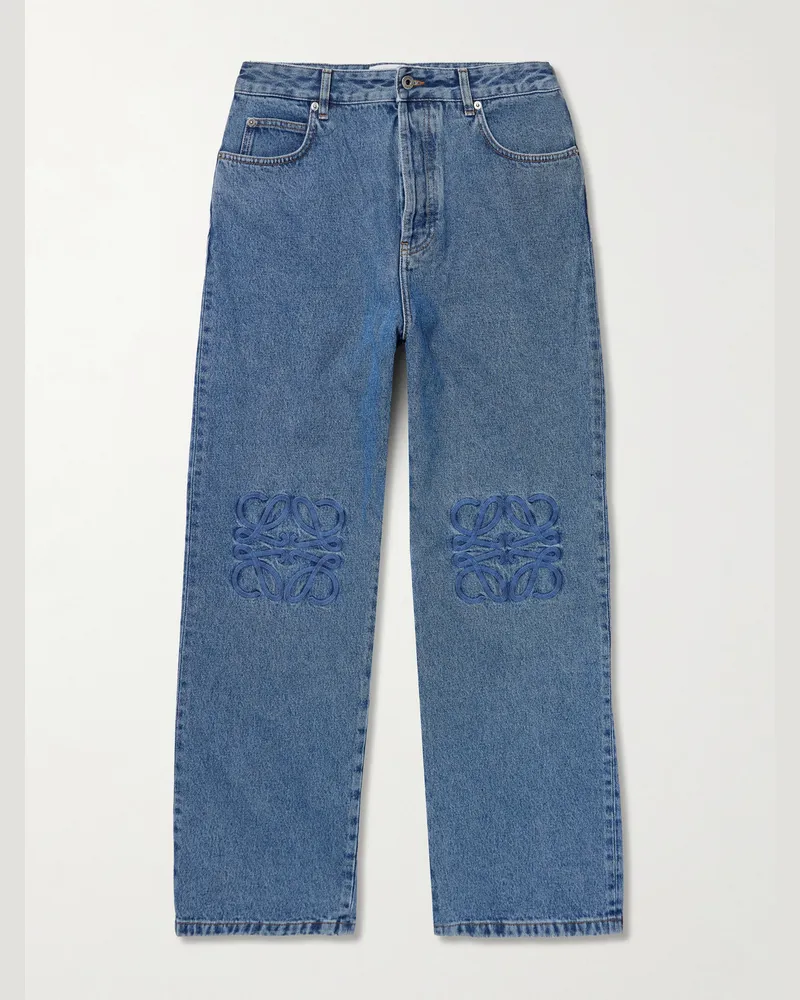 Loewe Anagram Wide-Leg Logo-Embroidered Jeans Blue