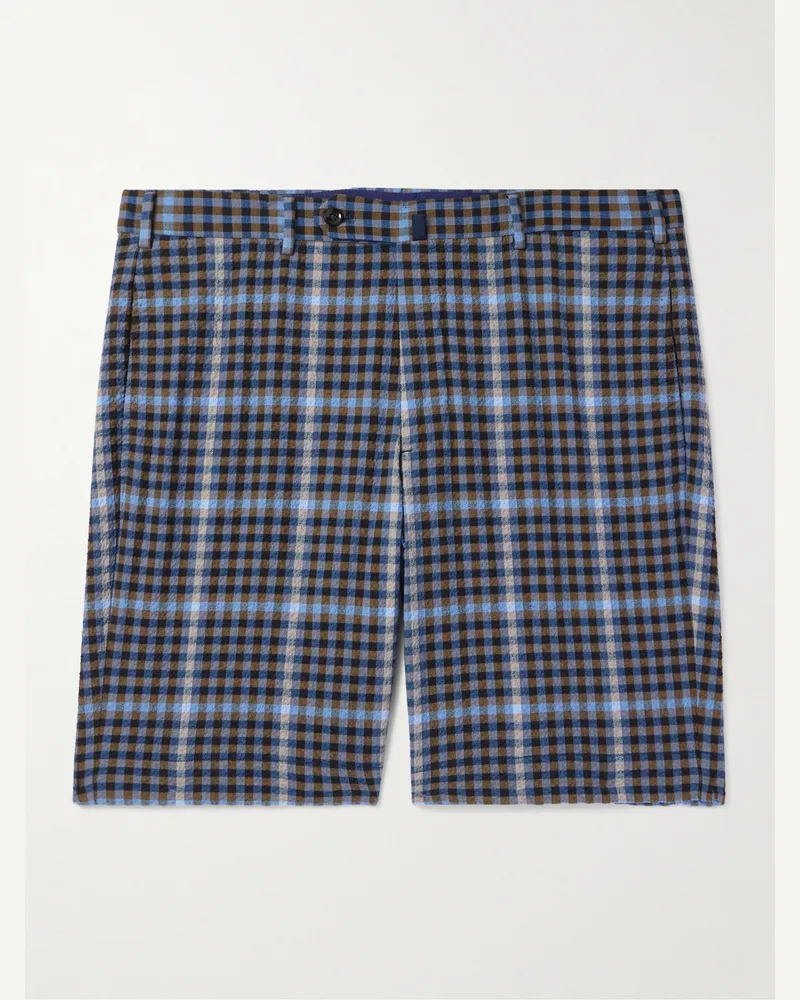 Incotex Venezia 1951 gerade geschnittene Shorts aus Seersucker aus einer Baumwollmischung mit Karomuster Blau