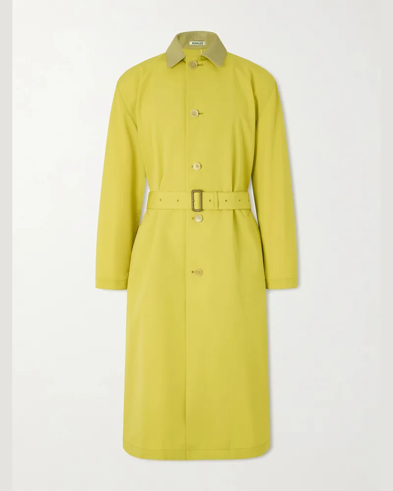 AURALEE Belted Leather-Trimmed Wool-Canvas Trench Coat Yellow