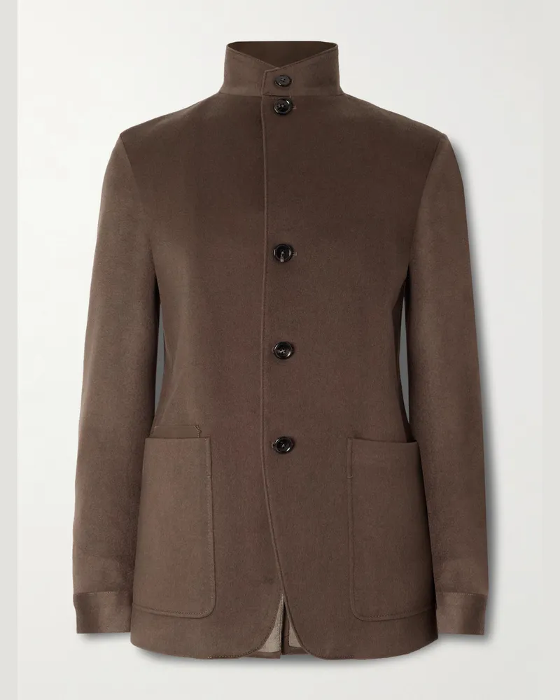 Ermenegildo Zegna Il Conte Jacke aus „Oasi“-Kaschmirfilz mit Lederbesatz Braun
